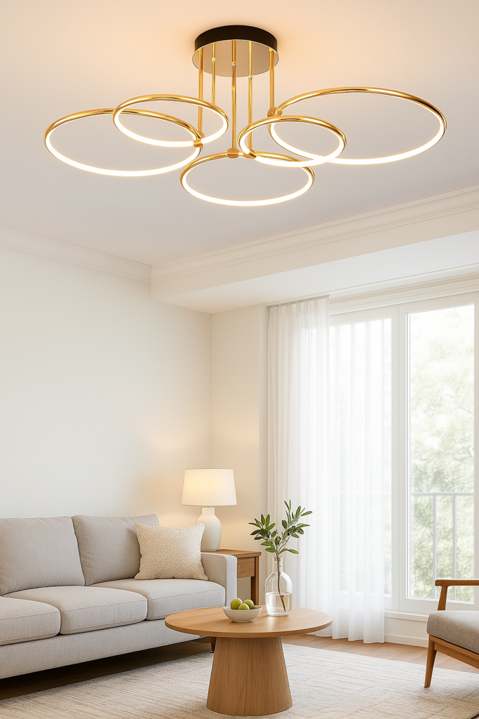 Frühling Deko im Wohnzimmer mit goldener Deckenleuchte, hellem Sofa, Vorhängen und Holzdetails