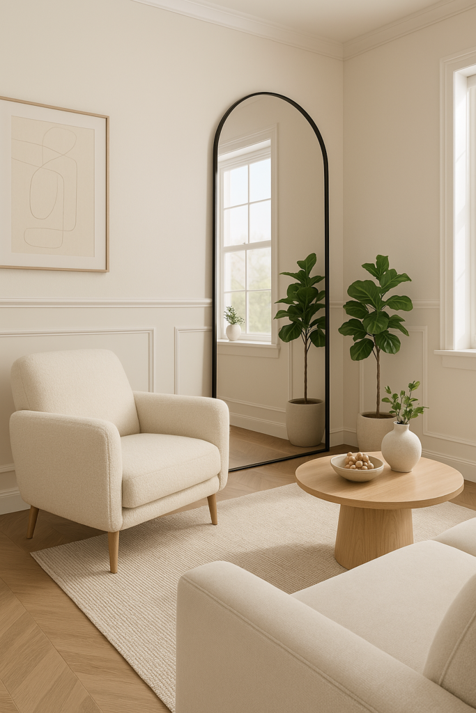 Frühling Deko im Wohnzimmer mit großen Pflanzen, rundem Holztisch, Wandspiegel und beigen Sesseln