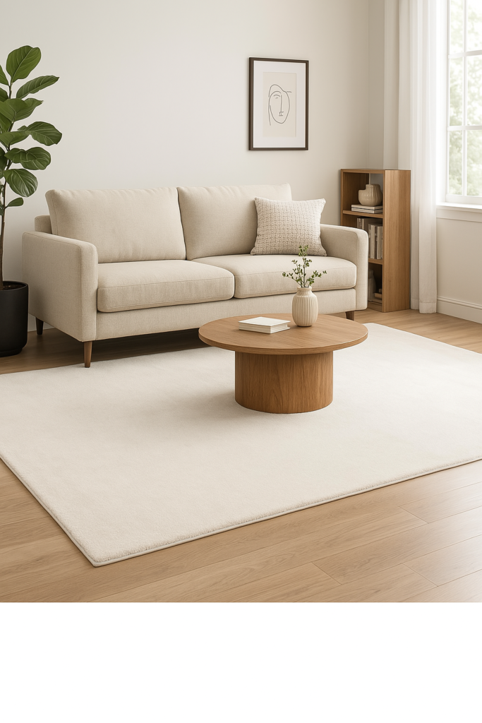 Frühling Deko im Wohnzimmer mit beigem Sofa, hellen Vorhängen, Holzdetails und hellem Teppich