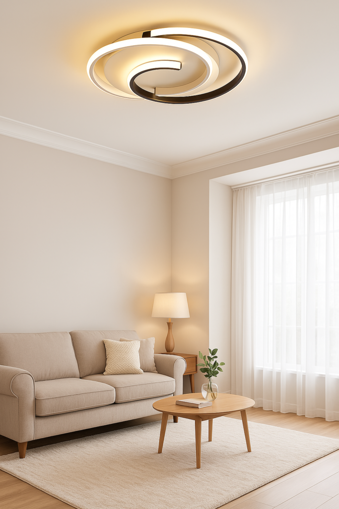 Frühling Deko im Wohnzimmer mit moderner Deckenleuchte, beigem Sofa, Vorhängen und Holzelementen