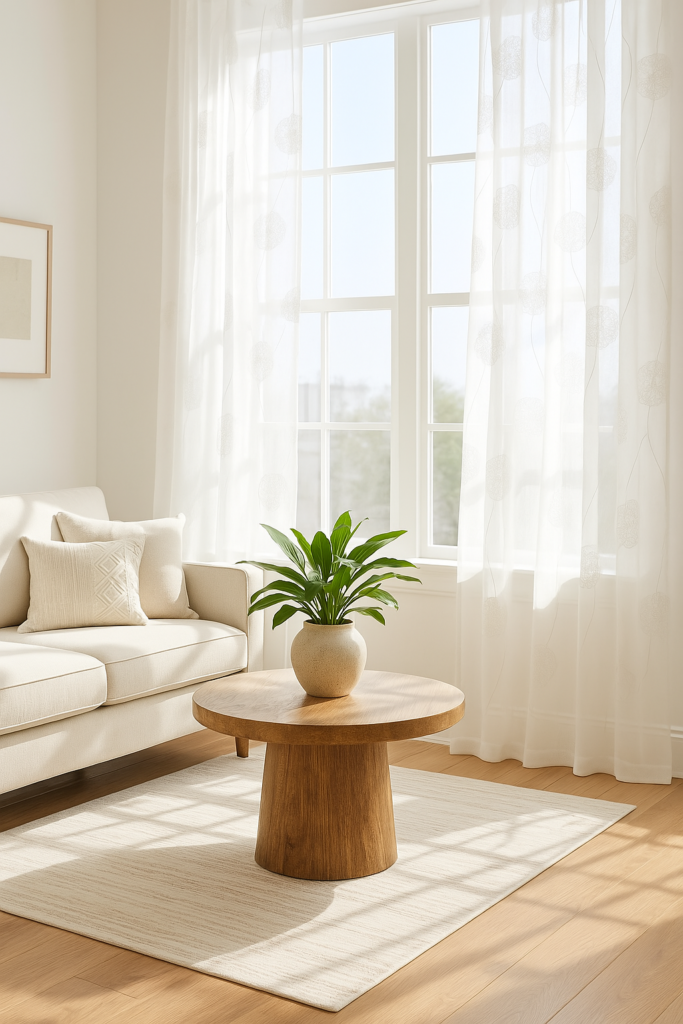 Frühling Deko mit heller Couch, runder Holztisch, Zimmerpflanze und lichtdurchfluteten Vorhängen im Wohnzimmer