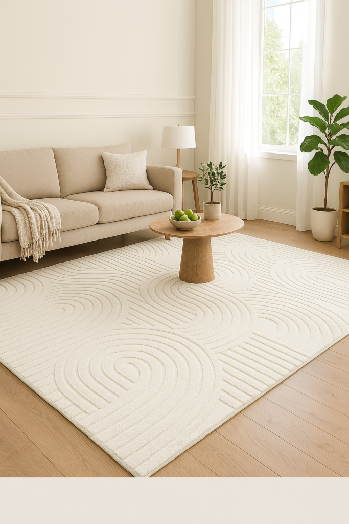 Frühling Deko im Wohnzimmer mit hellem Teppich, beigem Sofa, Holzdetails und Zimmerpflanzen