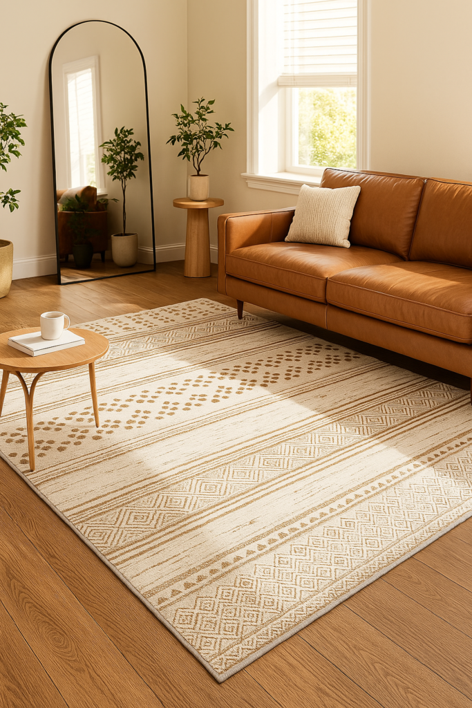 Frühling Deko im Wohnzimmer mit beigem Teppich, braunem Ledersofa, Pflanzen und großem Spiegel