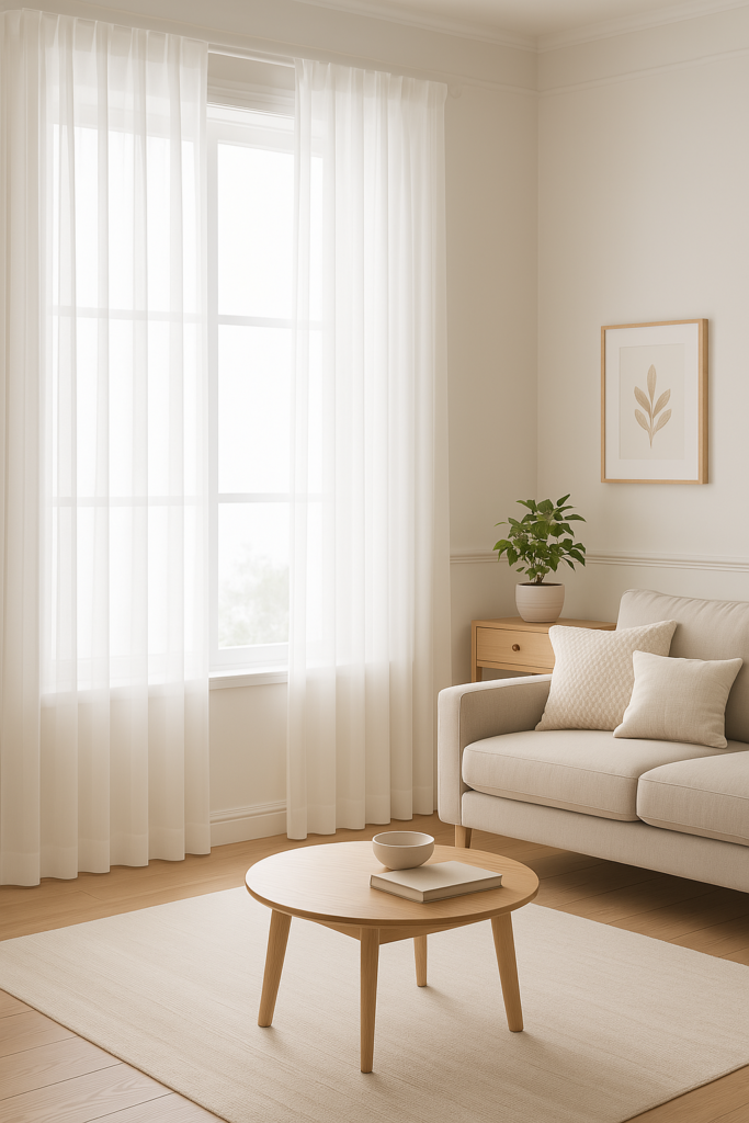 Frühling Deko im Wohnzimmer mit lichtdurchfluteten Gardinen, beigem Sofa, Holzdetails und Zimmerpflanze