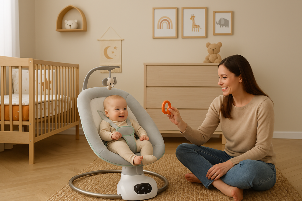 Mutter spielt mit ihrem Baby im Babyzimmer – Baby sitzt in moderner Babyschaukel