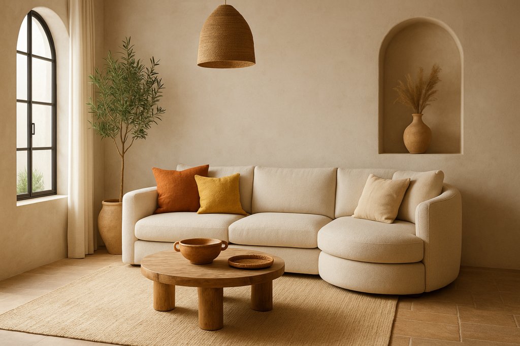 Mediterranes Wohnzimmer mit beigem Sofa, Olivenbaum, runder Holz-Couchtisch und dekorativen Elementen in Erdtönen, KI-generiert