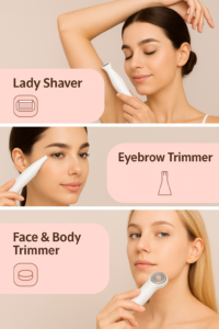 Drei Frauen demonstrieren die Anwendung des 3-in-1 Damenrasierers: Achselrasur, Augenbrauenformung und Rasur der Gesichtspartie, jeweils mit passendem Aufsatz.