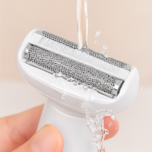 Nahaufnahme eines elektrischen Damenrasierers mit geöffnetem Scherkopf unter fließendem Wasser während der Reinigung.