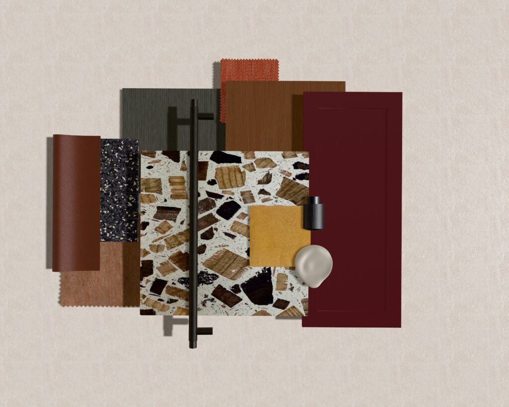 Moodboard mit Naturmaterialien und Farbtönen wie Siena, Terrakotta, Ocker und dunklem Holz, kombiniert mit Terrazzo und Stoffmustern