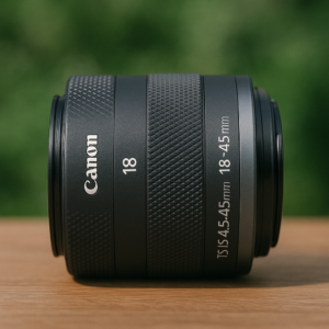 Canon RF-S 18-45mm f/4.5-6.3 IS STM Objektiv seitlich liegend auf einem Holztisch mit unscharfem grünen Hintergrund im Freien