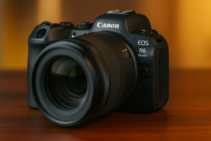 Nahaufnahme der spiegellosen Canon EOS R6 Mark II Kamera mit montiertem Objektiv auf einem Holztisch vor warmem Hintergrund