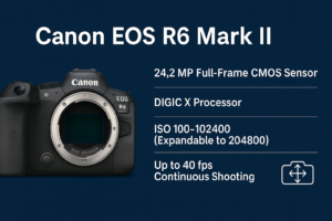Grafik mit technischen Hauptmerkmalen der Canon EOS R6 Mark II auf dunkelblauem Hintergrund, inklusive Kameraabbildung und Text zu Sensor, Prozessor, ISO und Serienbildrate