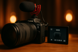 Canon EOS R6 Mark II mit Teleobjektiv, Mikrofon und aufgeklapptem Display im Videomodus auf einem Holztisch mit warmem Bokeh-Hintergrund