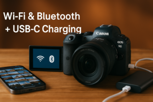 Canon EOS R6 Mark II mit Smartphone und Powerbank auf einem Holztisch; das Kamera-Display zeigt Wi-Fi- und Bluetooth-Symbole, USB-C-Kabel verbunden