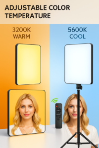 Frau wird in drei Szenen mit unterschiedlicher Lichttemperatur beleuchtet – kaltweiß, neutral und warmweiß, dargestellt mit SWAVGO LED-Panels