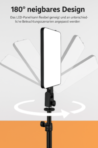 SWAVGO LED-Panel auf Stativ mit mehreren geneigten Positionen, illustriert durch Schatteneffekte und Pfeile zur Veranschaulichung der 180°-Neigefunktion