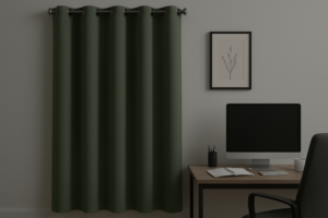 Dunkelgrüner Verdunkelungsvorhang in einem modernen Homeoffice mit Schreibtisch, Monitor und gedimmtem Licht.