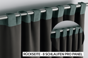 Detailaufnahme der Rückseite eines Verdunkelungsvorhangs in Leinenoptik mit 8 Stoffschlaufen zur verdeckten Aufhängung an einer Gardinenstange.