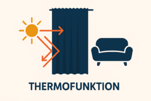 Grafische Darstellung einer Couch vor einem Fenster mit Thermovorhang, der im Sommer Hitze reflektiert und im Winter Wärme speichert.