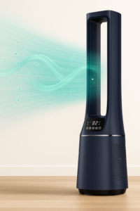 Moderner klingenloser Turmventilator mit Luftreiniger, LED-Display und App- bzw. Alexa-Steuerung für saubere und kühle Raumluft