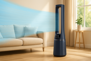Smarter Turmventilator mit Luftreiniger bläst kühle Luft durch ein Wohnzimmer mit Sofa und Tageslicht – ideal für Sommer, Allergiker und App-Steuerung