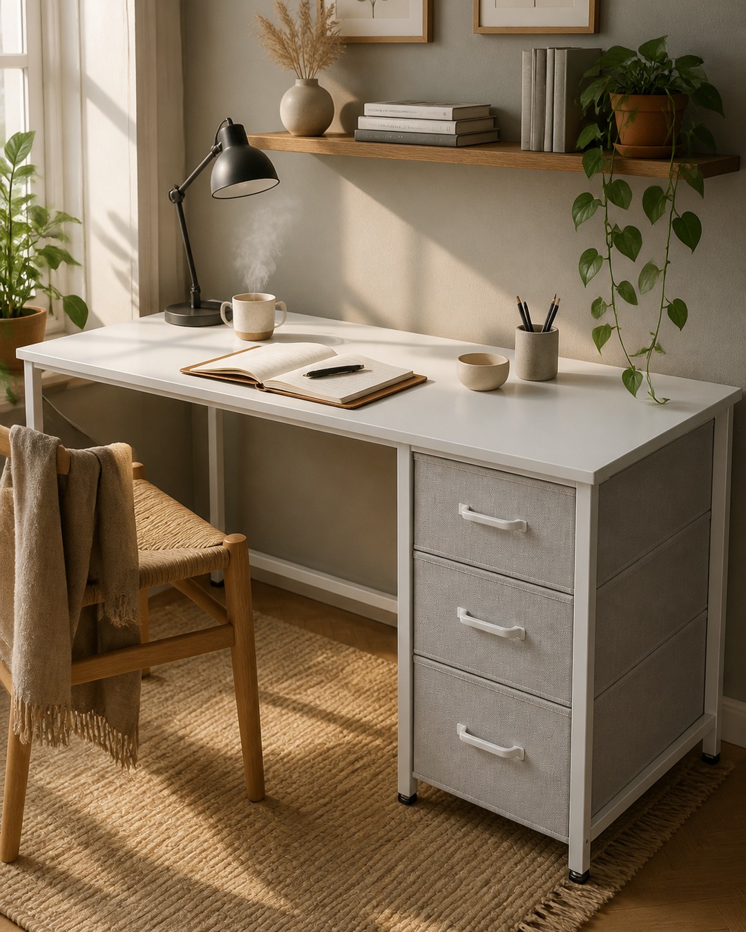 Coleshome Schreibtisch Weiß mit 3 Stoff-Schubladen – Skandinavischer Homeoffice-Moodboard Soft Study