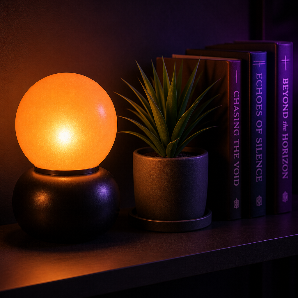 Nanoleaf Hexagon LED-Lichtpanel in warmem Orange neben Designerlampe und Pflanze als Wohndeko