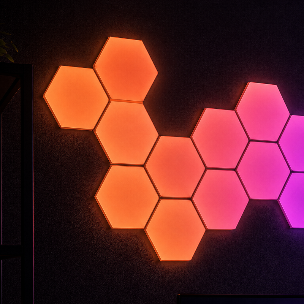 Nanoleaf Hexagon LED-Panels mit warmem Orange-Pink-Farbverlauf in Nahaufnahme zeigen die 16 Millionen Farboptionen
