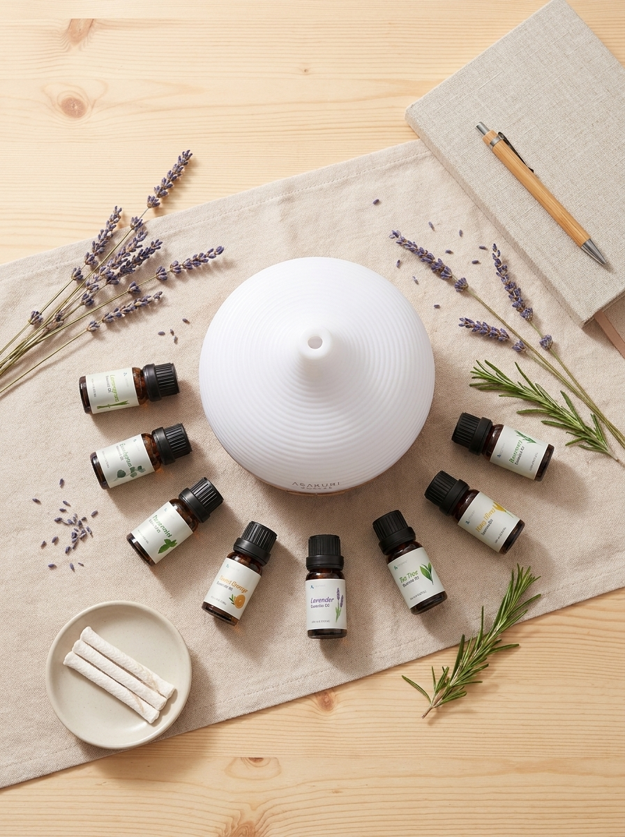 Aroma Diffuser Set mit 8 ätherischen Ölen Lavendel Pfefferminze auf Leinen — Test interiorxhouse.de