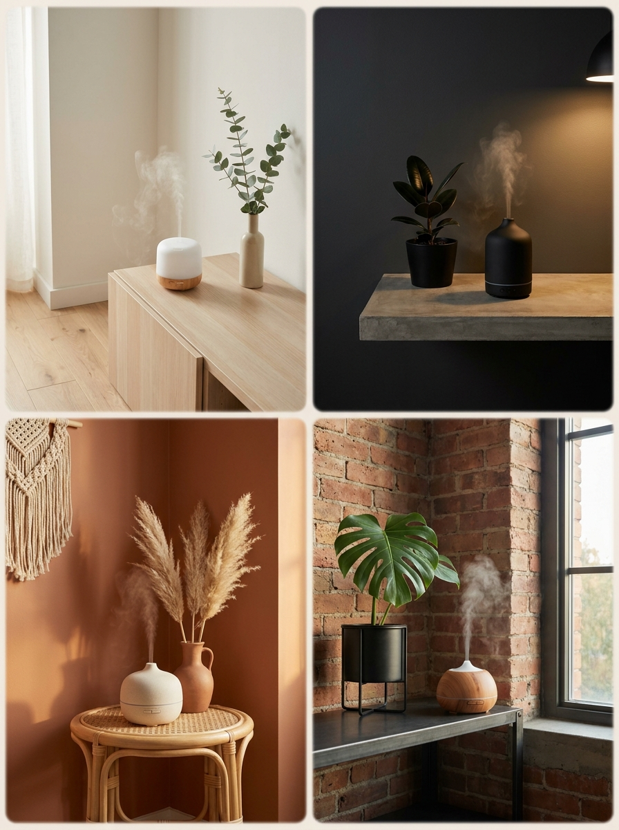 Aroma Diffuser Moodboard mit vier Einrichtungsstilen Skandinavisch Industrial Boho Loft — interiorxhouse.de