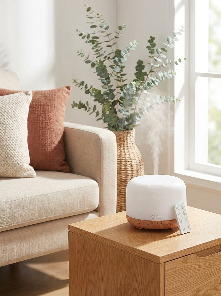 Aroma Diffuser ASAKUKI 500ml mit Fernbedienung im hellen Wohnzimmer auf Holzhocker — Test interiorxhouse.de