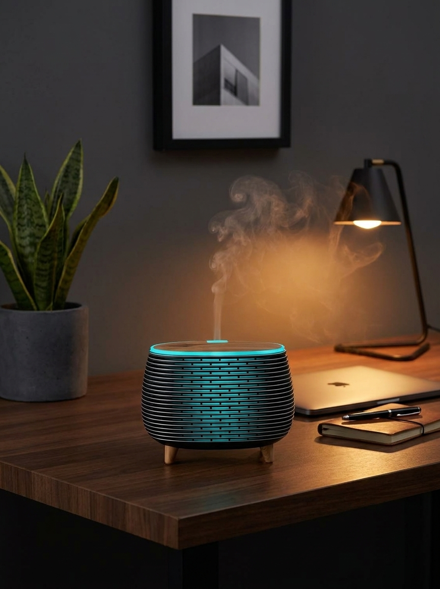 LED Aroma Diffuser auf Schreibtisch im Homeoffice mit warmer Beleuchtung — Test interiorxhouse.de