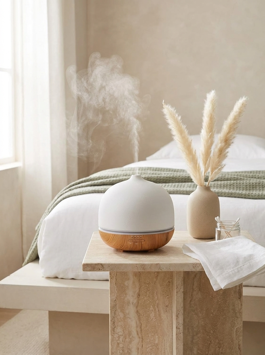 Premium Aroma Diffuser aus Keramik auf Schlafzimmer-Nachttisch im Hygge-Stil — Test interiorxhouse.de
