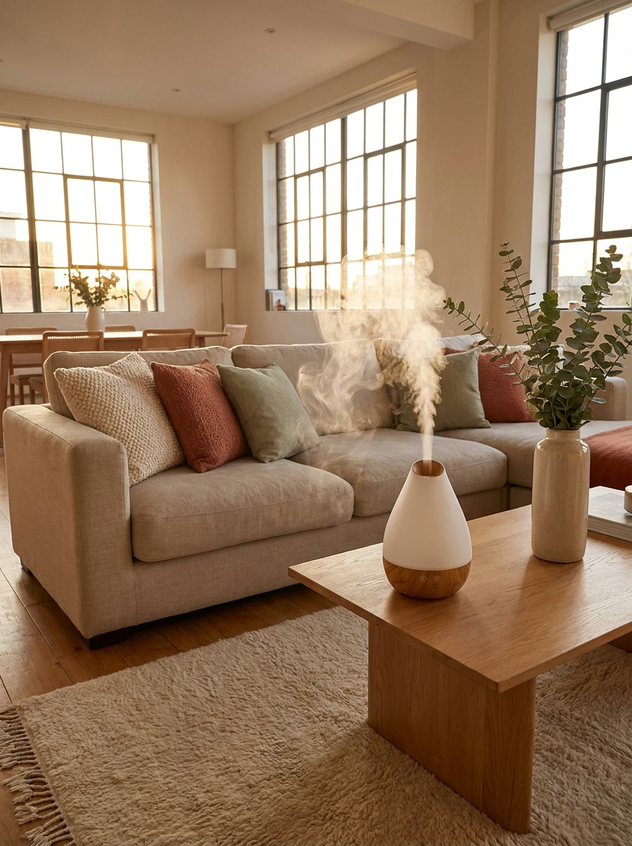 Designer Aroma Diffuser XL auf Wohnzimmer-Couchtisch im Mid-Century-Stil — Test interiorxhouse.de