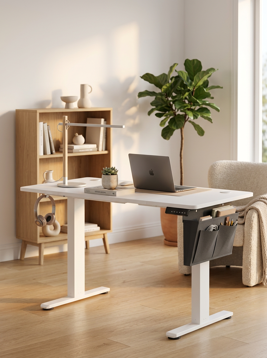 Elektrisch höhenverstellbarer Schreibtisch in Weiß im hellen Homeoffice