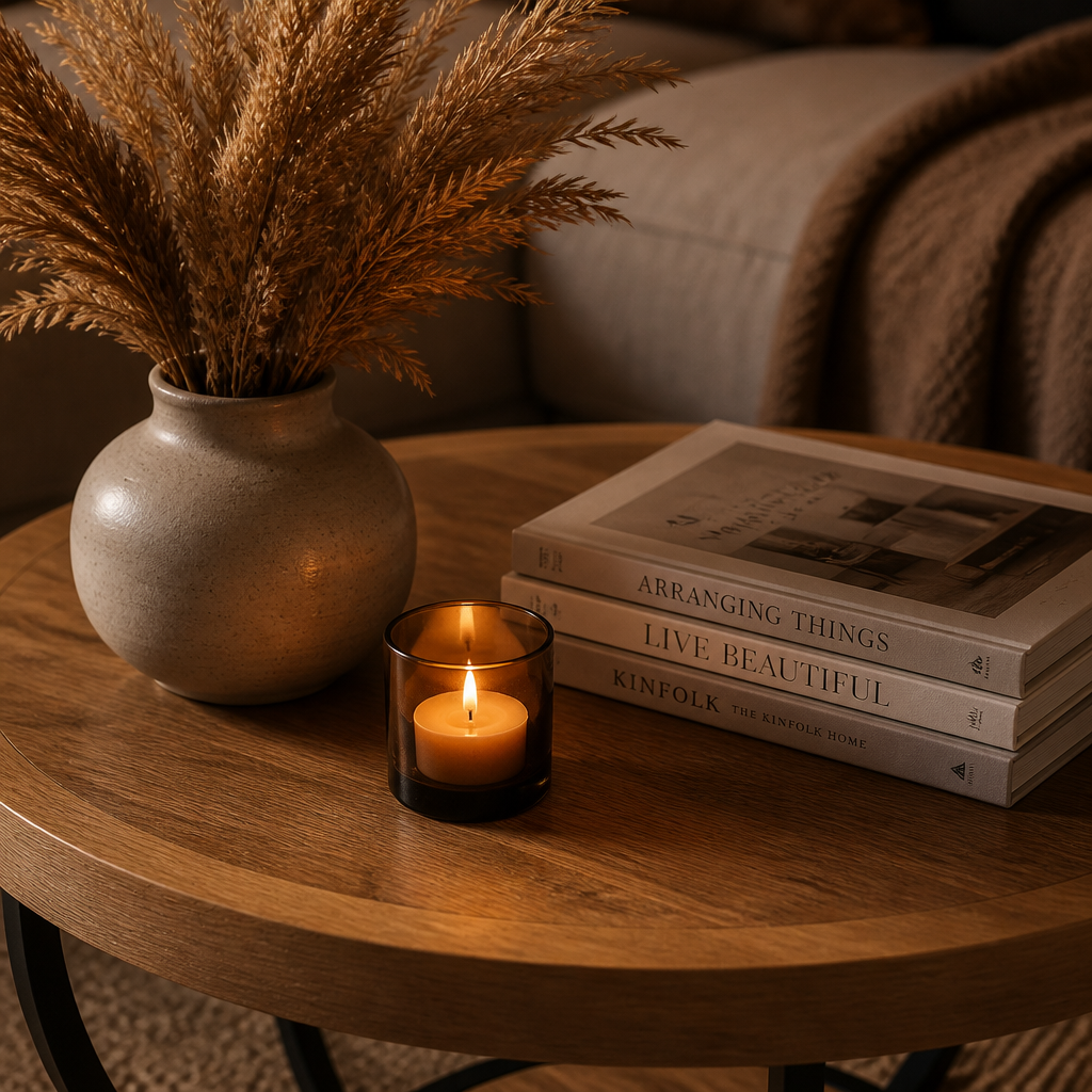 Runder Couchtisch Styling-Vignette mit Keramikvase und Kerze