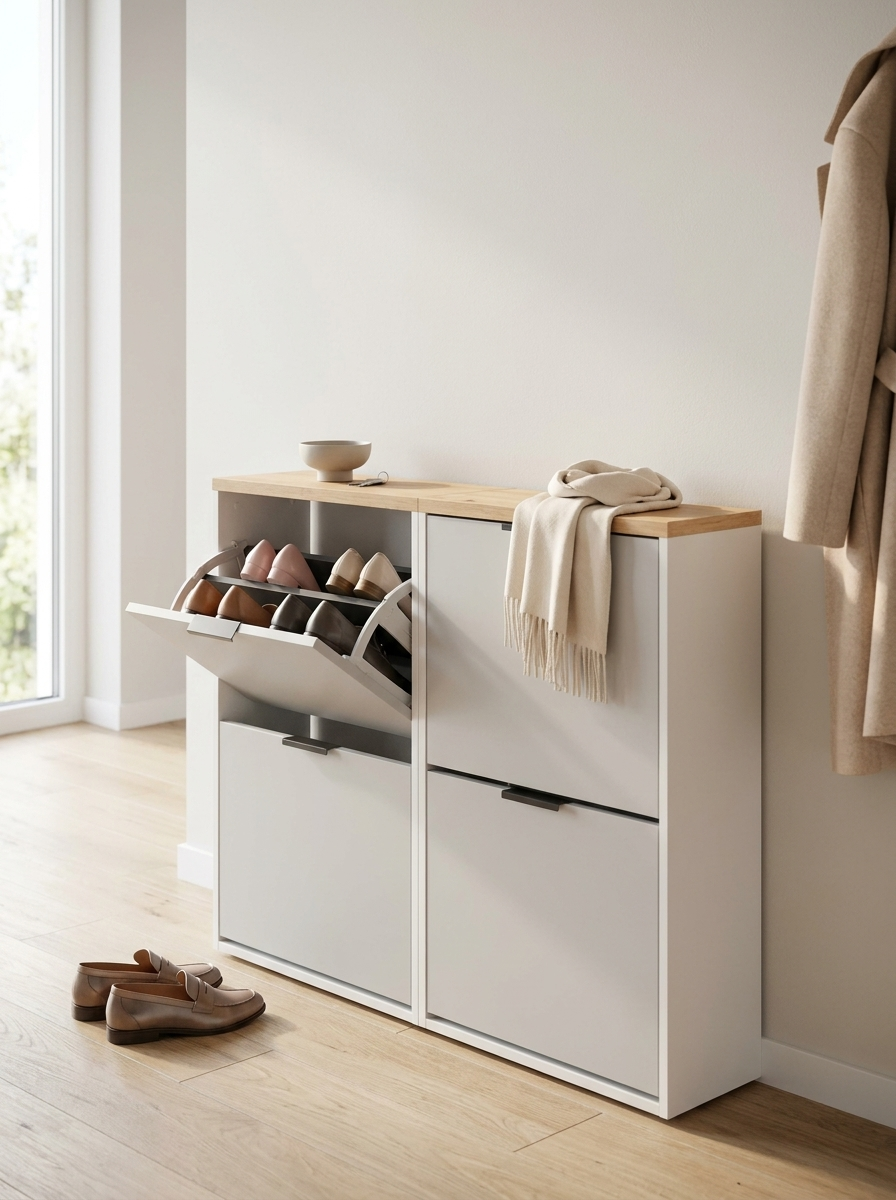 Schmaler Schuhschrank mit Klappfächern und Holzablage im Flur
