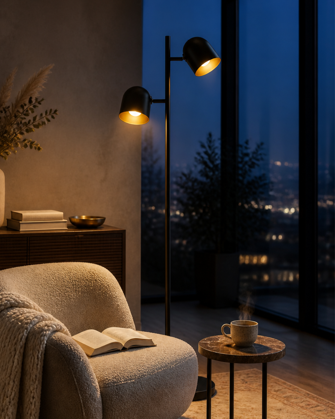 Schwarz-goldene Industrial Stehleuchte mit zwei Glühbirnen als Skulptur in eleganter Wohnzimmer-Leseecke zur blauen Stunde