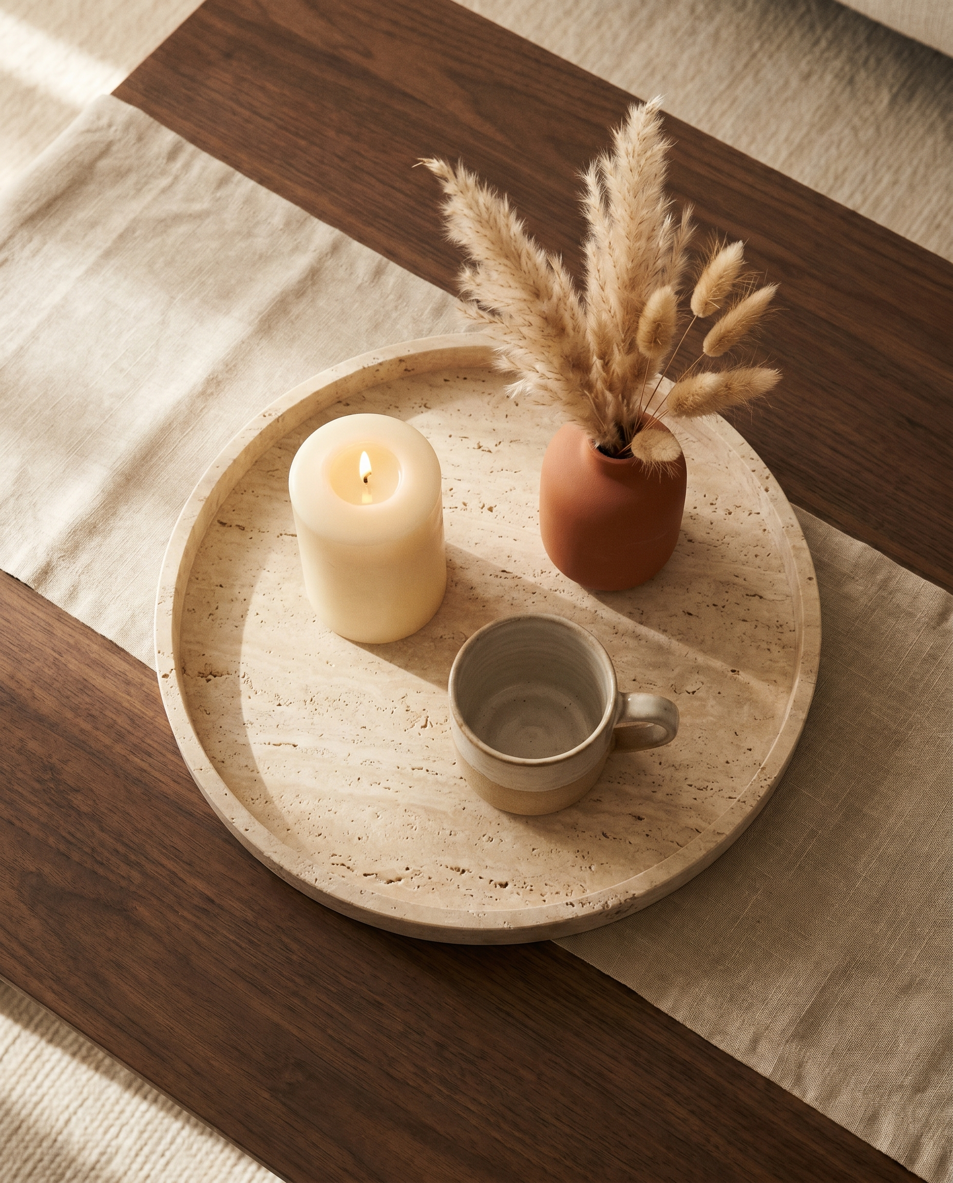 Travertin Tablett von oben auf Walnusstisch mit Leinenläufer, Stumpenkerze, Terrakotta-Vase und Kaffeetasse
