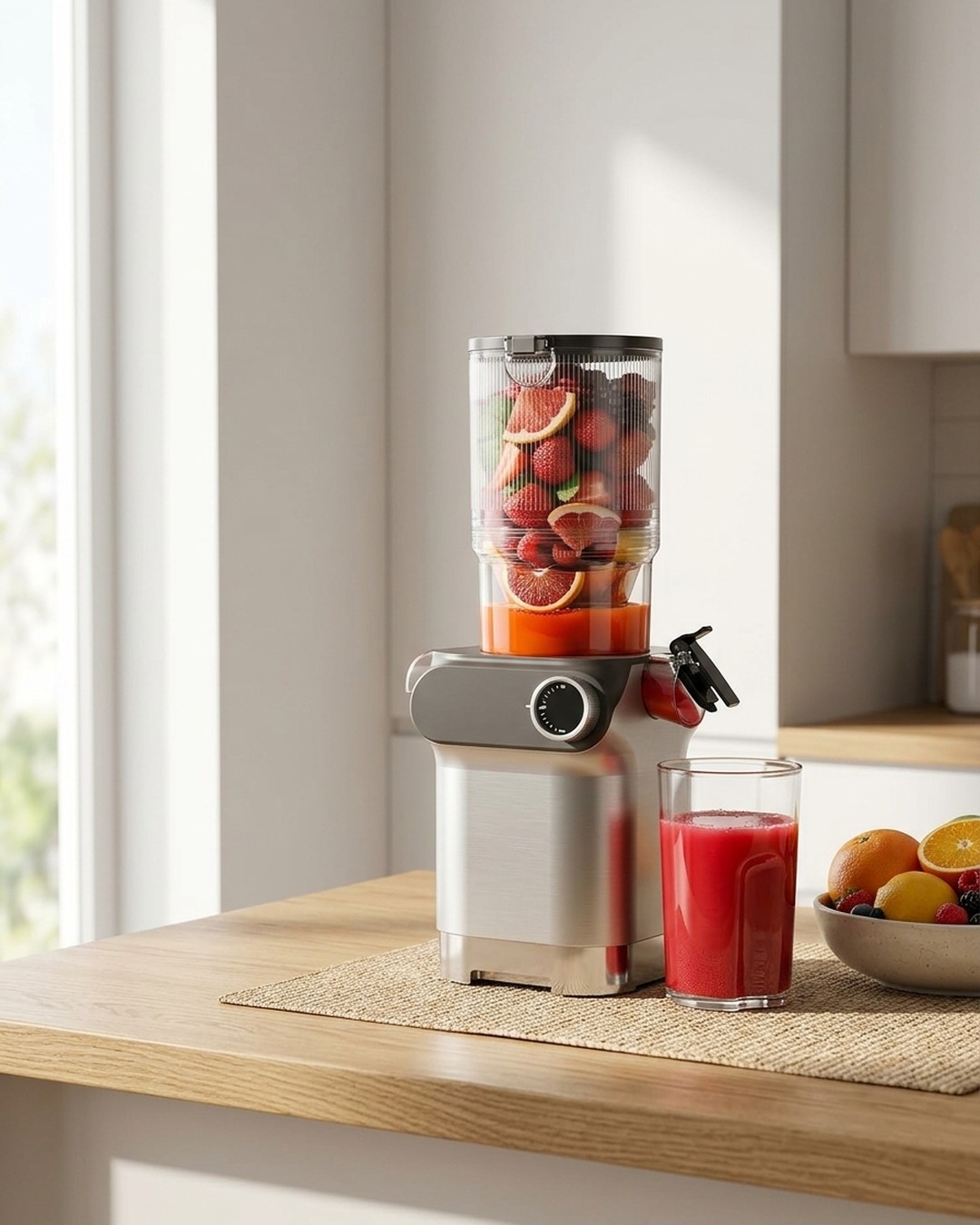Anybear Slow Juicer in Silber-Orange auf Eichenholz-Küchenarbeitsplatte mit frischen Zitrusfrüchten und Saftglas-Moodboard
