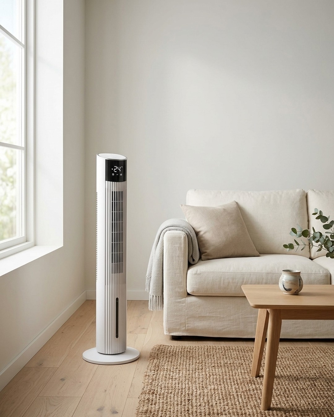 Brandson WiFi Tower Fan in Weiß mit Wasserkühlung im skandinavischen Wohnzimmer-Moodboard mit Eichenholz und Leinen