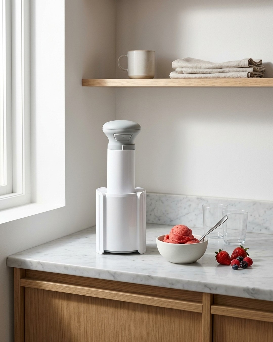 Cuisinart FreezeWand Eismaschine in Weiß-Grau auf Marmor-Küchenarbeitsplatte mit Erdbeer-Sorbet im minimalen Küchen-Moodboard