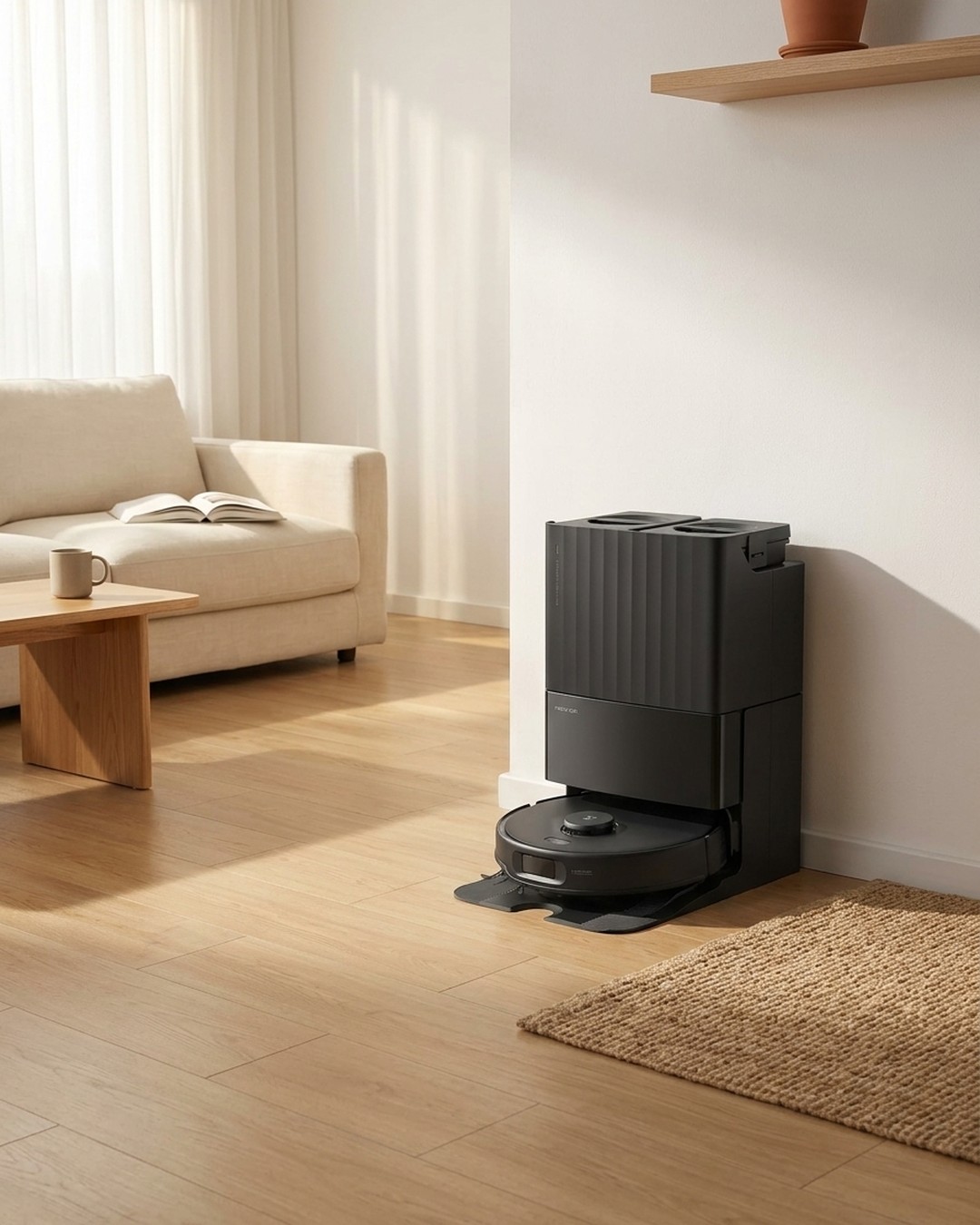 roborock Qrevo Edge S5A Saugroboter mit Wisch-Funktion und Selbstentleerungsstation auf Eichenholz im warmen Japandi-Wohnzimmer-Moodboard