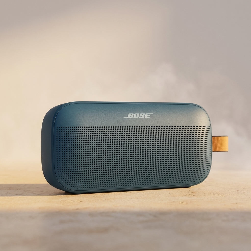 Bose SoundLink Flex 2nd Gen Bluetooth Speaker in Twilight Blue mit perforiertem Metallgitter und orangener Trageschlaufe auf warmem Editorial-Hintergrund