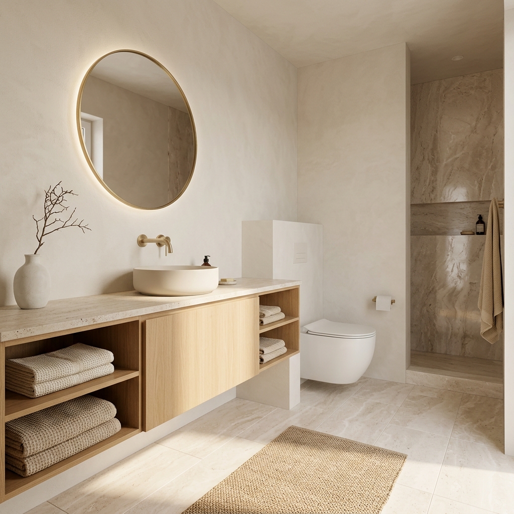 Eichen-Waschtisch mit Travertin-Platte, rundem Backlight-Spiegel, Brass-Wandarmatur und Wand-WC im Cloud-Dancer-Badezimmer