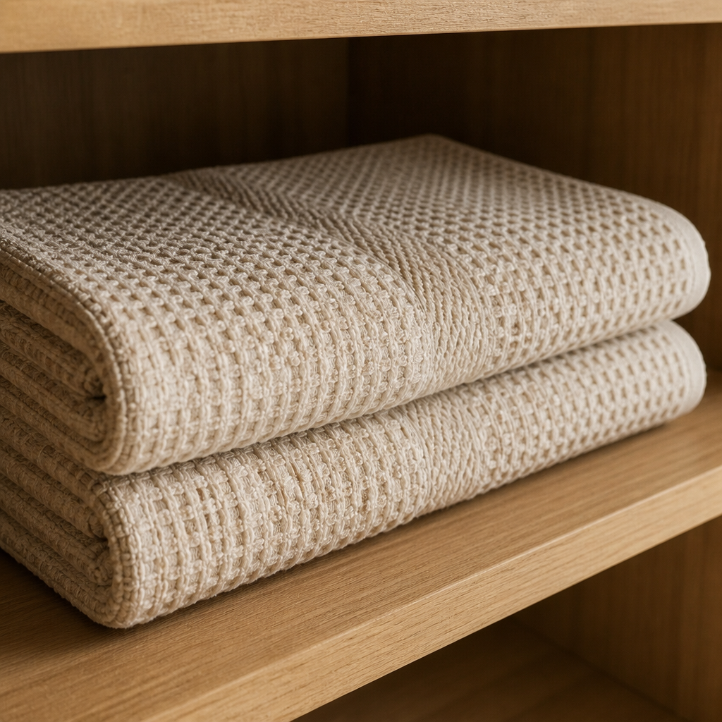 Zwei gefaltete beige Waffel-Handtücher in einem offenen Regal aus heller Eiche im Cloud-Dancer-Badezimmer