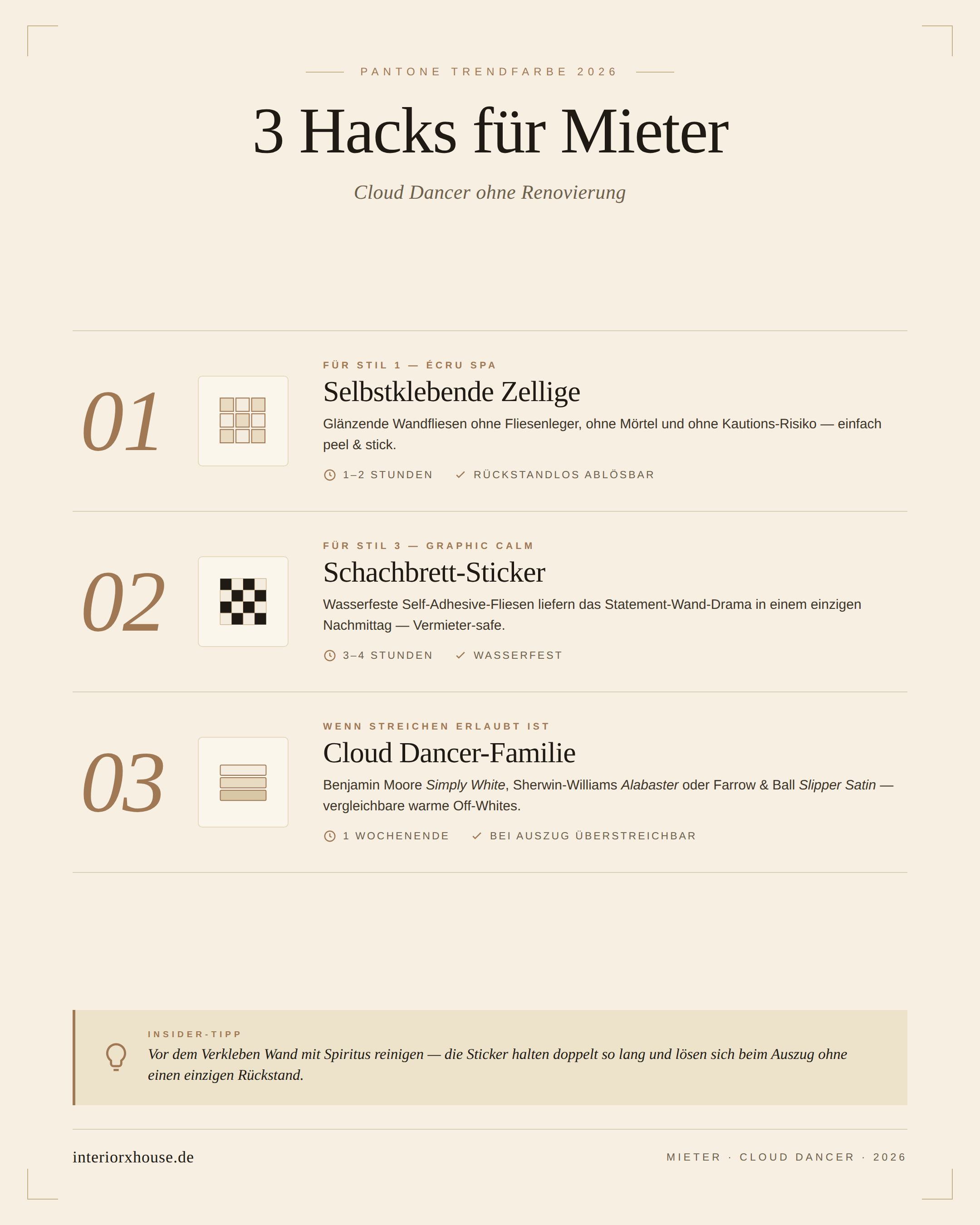 Infografik mit drei Mieter-Hacks für ein Cloud-Dancer-Badezimmer: selbstklebende Zellige, Schachbrett-Sticker und alternative Wandfarben