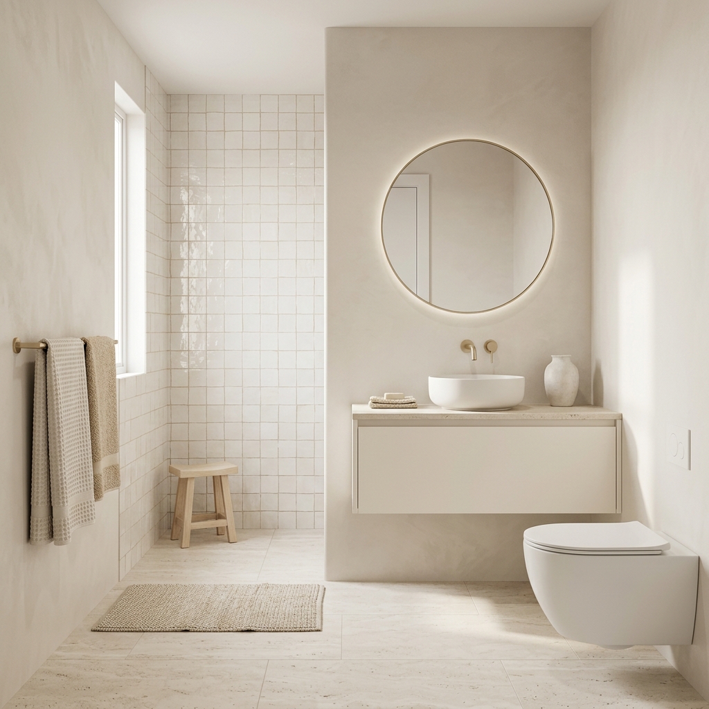 Helles cremefarbenes Spa-Badezimmer in Cloud Dancer mit rundem Backlight-Spiegel, Eichenhocker und Jute-Badteppich