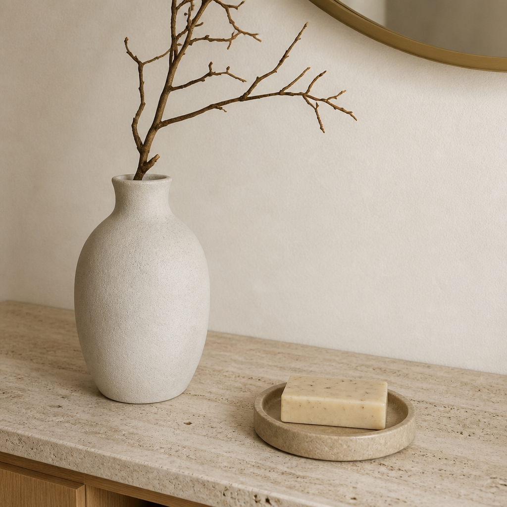Cremefarbene Keramikvase mit getrocknetem Zweig auf einem Travertin-Tablett im Cloud-Dancer-Badezimmer