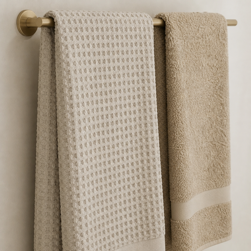 Beige Waffel-Handtücher hängen über einer gebürsteten Brass-Stange an einer warmen Cloud-Dancer-Wand